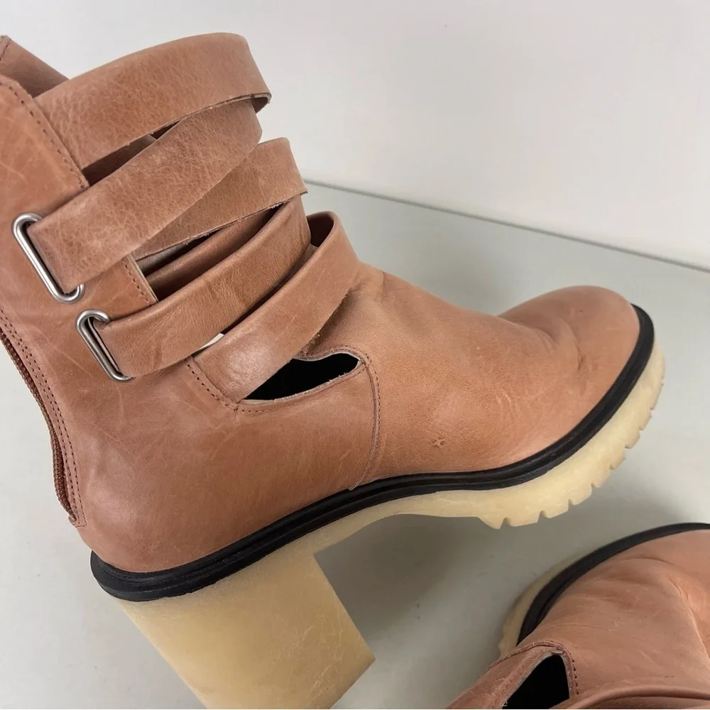 Free People Tan Leather Strappy Jesse Cutout Boots Chunky Women's Size 41 US 10
